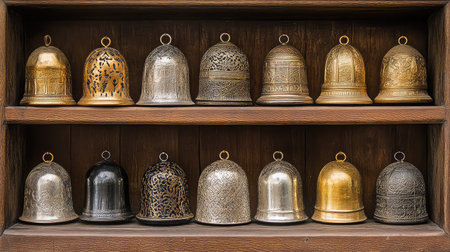 A beautiful collection of decorative metal bells arranged neatly on a wooden shelf, showcasing intricate designs and unique textures, perfect for art lovers.の素材