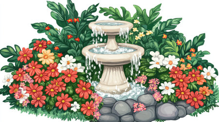 A stunning garden fountain gently trickles water amidst vibrant flowers and lush greenery, creating a peaceful and inviting outdoor atmosphere perfect for relaxation.の素材