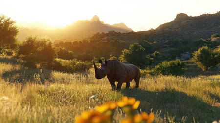 A magnificent rhinoceros stands gracefully in a sunlit meadow, surrounded by lush greenery and distant mountains, showcasing the beauty of wildlife.の素材
