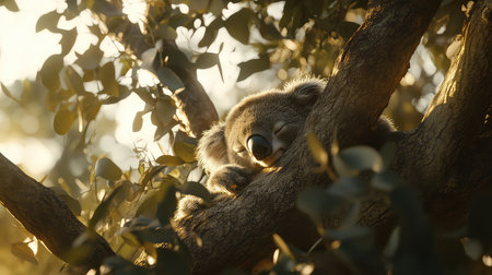 A charming scene depicts a koala bear sleeping soundly on a tree branch, surrounded by lush green leaves in a serene, sunlit setting.の素材