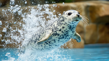 A lively seal jumps dramatically from the water, sending splashes flying, showcasing its playful spirit in an engaging aquarium setting.の素材