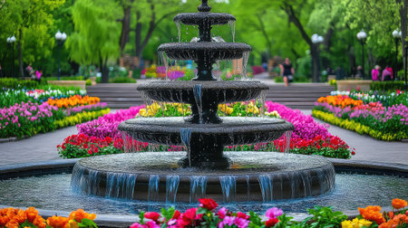 A beautiful garden scene featuring a stunning fountain pouring water gracefully amid vibrant flower beds. This peaceful park setting invites tranquility and relaxation.の素材