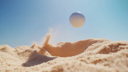 A golf ball flies through the air over a sandy landscape, capturing the essence of outdoor sports. The bright blue sky and golden sand create an energetic atmosphere.の素材