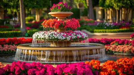 A stunning multi-tiered fountain adorned with vibrant flowers creates a picturesque scene in a sunlit garden, offering a serene and refreshing ambiance.の素材