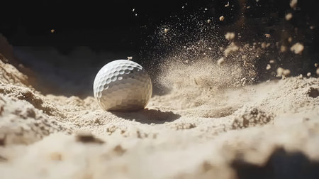 A dramatic close-up of a golf ball nestled in a sand trap, with sand particles flying around, creating a captivating and energetic sports moment.の素材