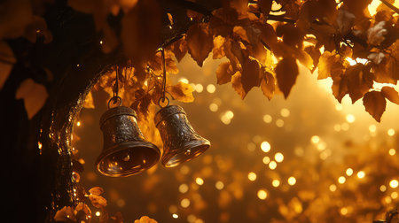 A serene close-up of glimmering golden bells hanging from a tree branch, surrounded by vibrant autumn leaves, illuminated by soft, warm light. Perfect for seasonal themes.の素材