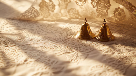 This enchanting image features two golden bells resting on exquisite lace fabric, illuminated by warm light, creating a serene and elegant atmosphere.の素材