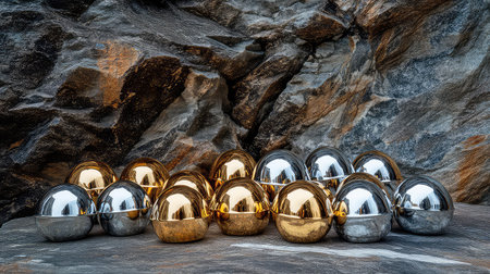 A stunning arrangement of reflective metal spheres in gold and silver resting on rugged rocks, capturing light beautifully. Perfect for decor and artistic inspiration.の素材