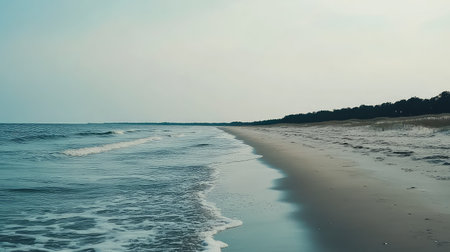Explore a captivating coastal landscape showcasing gentle waves lapping against the sandy shore, under a tranquil sky. The serene environment invites relaxation and reflection.の素材