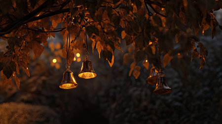 A captivating scene featuring decorative bells hanging from branches adorned with autumn leaves, illuminated by a warm golden glow during a cozy evening.の素材