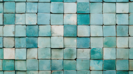 This image showcases a detailed arrangement of blue and green ceramic tiles, perfect for backgrounds or design projects, evoking a sense of tranquility and creativity.の素材