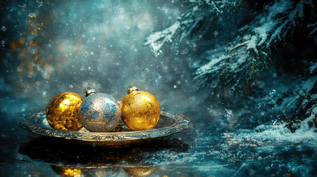 Discover a stunning arrangement of gold and silver Christmas ornaments placed elegantly on a decorative plate, set against a snowy backdrop that captures the essence of the holiday spirit.の素材