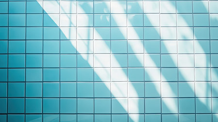 A captivating image featuring a turquoise tile wall enhanced by soft natural light. Geometric shadows create a striking visual effect, perfect for modern design.の素材