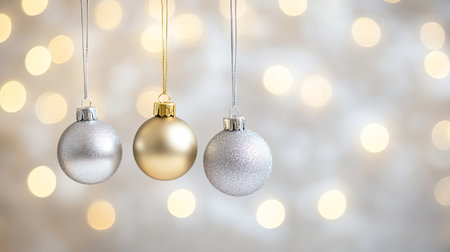 Three elegant Christmas ornaments in silver and gold hang against a soft, blurry background of warm lights, creating a magical festive atmosphere for celebrations.の素材