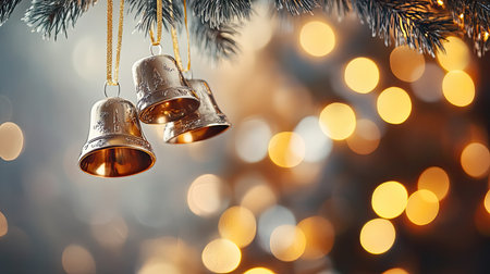 Delightful Christmas bells hang gracefully from a pine tree, surrounded by a warm bokeh background that captures the essence of holiday joy and celebration.の素材