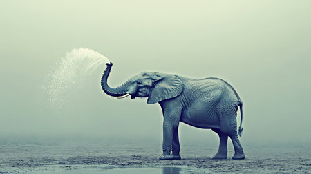 This captivating image showcases an elephant joyfully spraying water in a misty dawn landscape, highlighting nature's beauty and tranquility.の素材