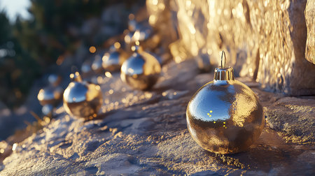 A captivating image of shiny silver Christmas ornaments placed on a rock surface, illuminated by soft natural lighting, evoking a festive atmosphere.の素材