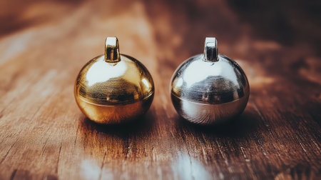 This image features two metallic pendants, one in gold and the other in silver, placed on a warm wooden background, showcasing elegance and craftsmanship.の素材