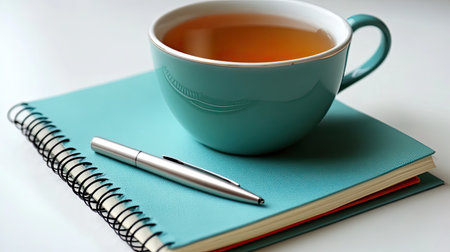 A cozy and inviting workspace featuring a steaming cup of tea, a sleek pen, and an open notebook. Ideal for inspiring creativity and productivity.の素材