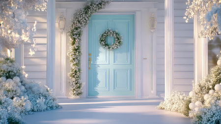A charming winter doorway featuring a soft blue entrance adorned with a beautiful floral wreath, surrounded by white floral decorations and snow accents.の素材