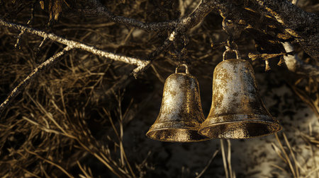 This image showcases a pair of rustic bells hanging from a branch, surrounded by dry twigs and natural elements. The weathered texture enhances the vintage atmosphere.の素材