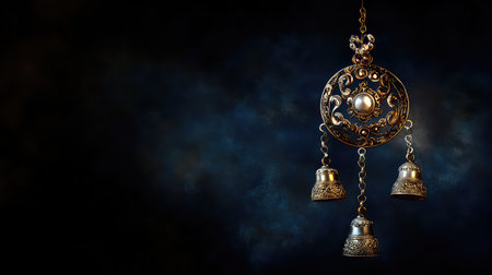 A stunning ornate vintage metal bell pendant featuring intricate detailing, beautifully suspended against a dark, mystical background, perfect for decoration.の素材