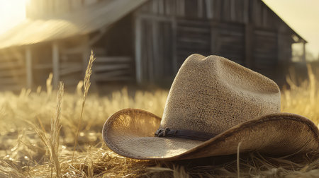 A rustic cowboy hat rests on golden grass, capturing the essence of rural beauty. The soft light of sunset enhances the tranquil farm backdrop, evoking nostalgia.の素材