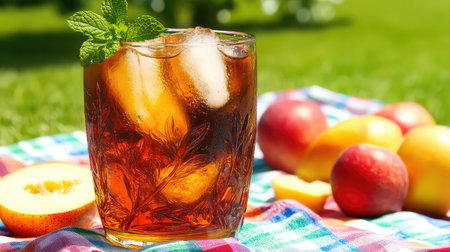 Enjoy a vibrant glass of iced tea adorned with fresh mint leaves, perfect for summer picnics. This refreshing drink captures relaxation in a sunny outdoor setting.の素材