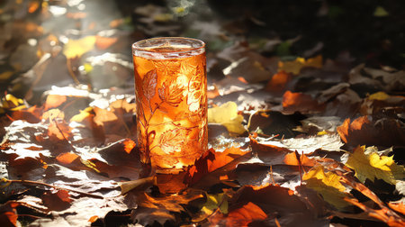 A decorative glass filled with a warm beverage rests gently on a bed of vibrant autumn leaves, capturing a moment of seasonal beauty and tranquility.の素材