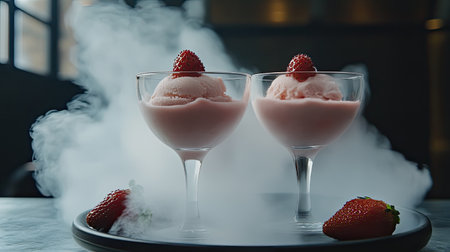Two elegant glass cups filled with strawberry sorbet create a refreshing dessert, enhanced by a smoky effect and garnished with fresh berries.の素材