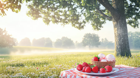 A picturesque summer scene featuring fresh strawberries and ice cream placed on a red and white checkered picnic blanket. A large tree stands nearby, casting soft sunlight over the tranquil meadow. The scenery evokes feelings of joy and relaxation, perfect for family gatherings or outdoor dining.の素材