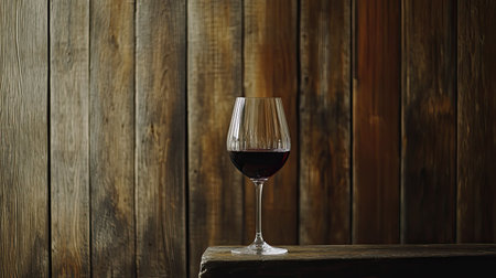 A sophisticated red wine glass sits gracefully against a rustic wooden background, showcasing warm tones and inviting textures, perfect for culinary visuals.の素材