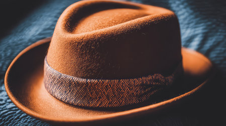 A beautifully crafted brown fedora hat sits elegantly on a dark textured background, showcasing its unique design and timeless appeal for fashion lovers.の素材