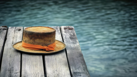 This image features a rustic straw hat adorned with an orange ribbon, placed elegantly on a weathered wooden dock by tranquil blue water, evoking a sense of peaceful summer leisure.の素材