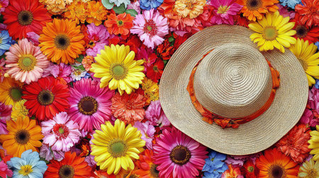 A vibrant arrangement of colorful flowers surrounds a stylish straw hat, creating a cheerful scene perfect for spring and summer themes.の素材