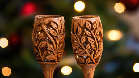 Two elegantly carved wooden glasses feature intricate leaf designs, set against a softly blurred festive background, perfect for holiday celebrations.の素材