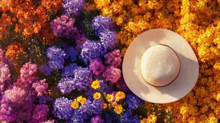 A vibrant scene featuring a straw hat resting amidst a field of colorful flowers in shades of purple, yellow, orange, and pink. This image evokes a sense of relaxation and joy in nature's beauty.の素材