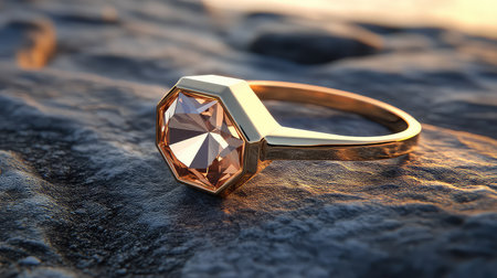 An elegant octagonal ring featuring a rose-colored gemstone sits on a rocky surface, perfectly capturing the allure of luxury and beauty in jewelry design.の素材