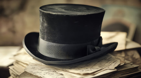 This elegant black top hat is placed on a stack of old letters, capturing a timeless moment of vintage aesthetic with a soft, blurred background.の素材