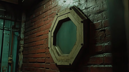 Explore the charm of an octagonal vintage mirror placed against a rustic brick wall, creating a captivating atmosphere in a dimly lit setting.の素材