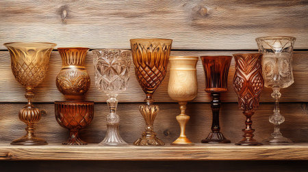 A beautiful arrangement of vintage glassware featuring diverse patterns and warm colors on a rustic wooden shelf. Perfect for decorations or displays.の素材