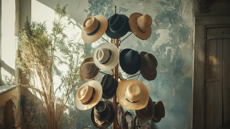 A diverse collection of stylish hats displayed on a wooden stand captures the essence of summer fashion. The artistic background and natural light create a warm atmosphere.の素材