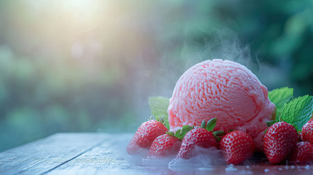 Enjoy the refreshing sight of a beautifully crafted strawberry ice cream scoop surrounded by ripe strawberries and mint leaves on a rustic wooden table.の素材