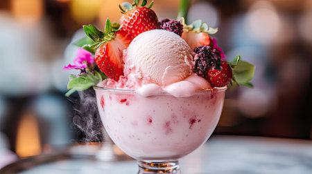 A beautifully presented strawberry ice cream sundae features fresh berries and colorful flowers, creating a refreshing and delightful summer treat perfect for any occasion.の素材