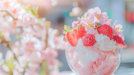 This vibrant dessert features fresh strawberries and creamy ice cream, surrounded by delicate blossoms. A perfect treat for spring celebrations.の素材