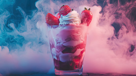 A delightful dessert featuring strawberries and cream in a vibrant presentation, complemented by a smoky atmosphere, perfect for summer gatherings.の素材