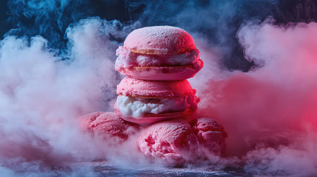 A stunning display of pink macarons filled with soft whipped cream stacked elegantly, enveloped in colorful smoke for a dreamy atmosphere.の素材