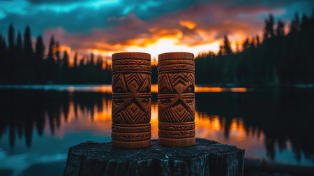 The image captures a serene sunset over a tranquil lake, with intricately carved wooden tiki mugs in the foreground, reflecting the vibrant sky.の素材