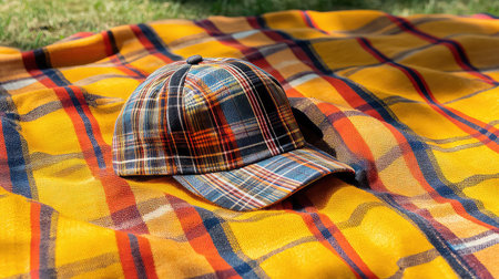 A colorful plaid cap is placed on a vibrant picnic blanket, capturing a joyful moment outdoors. The scene reflects a sense of leisure and style.の素材
