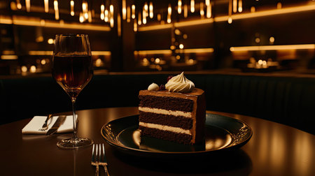 A delectable slice of chocolate cake topped with creamy frosting, served with a glass of dessert wine in a cozy, sophisticated restaurant setting.の素材